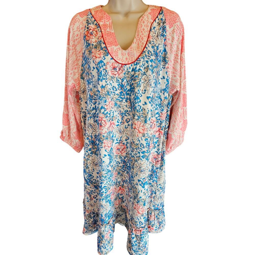 NWT tolani split neck S geometric boho relaxed fit pocket dress Coquette ruffle